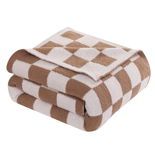 Image of Elegant Comfort Checkered Throw Blanket, Taupe Super Soft Cozy Fluffy Warm Throw Blankets for Couch, Sofa, Chair, Bed, Camping, Picnic, Travel Lightweight Bed Blanket (50 inch x 70 inch)