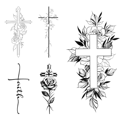 WEEKINK Christian Cross Temporary Tattoos – 5 Styles of Floral & Script Cross Fake Tattoos for Arm, Neck, Finger, Hand, Religious Faith Semi-Permanent Body Art, Waterproof & Realistic