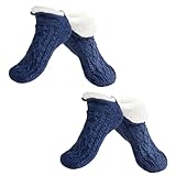 cnomg 2 Pairs Men's Winter Slipper Socks with Grippers Thick Fleece Lined Non-Slip Socks for Indoor Floor Cold Weather Comfort (Navy blue, US Footwear Size System, Adult, Women, Numeric Range, Medium, 12.5, 14.5)