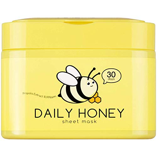 QTBT Daily Honey Sheet Mask with Propolis Extract 10000ppm, Moisturizing Korean Face Mask, Pack of 30 Sheets, EWG Verified