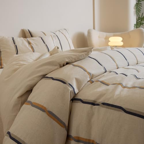 Image of mixinni Cotton Linen Jacquard Duvet Cover Set King, 3-Piece Mid-Century Modern Bedding, Vintage Striped Bohemian Duvet Cover with 2 Pillowcases, All-Season Breathable Comforter Cover-King Size