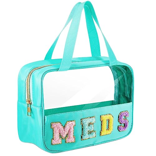 Image of Geetery Clear Preppy Makeup Bag Nylon Patches Chenille Letter Bag Waterproof PVC Clear Pouches with Zipper Meds Bag Cosmetic Bags with Handle Travel Toiletry Storage Tote Bag for Women Girls (Green)