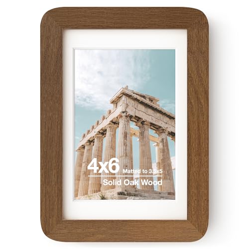 オーク無垢材 フォトフレーム 4x6インチ（七五の三写真対応）マット・プレキシガラス・吊り下げ金具一式付属 ウォールナット色
