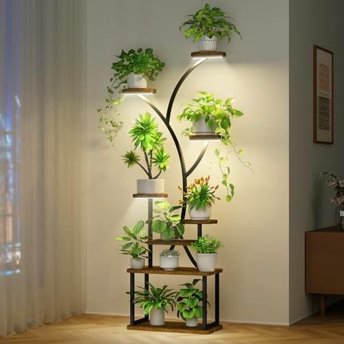 MistyJungle Plant Stand Indoor with Grow Lights, 8 Tiered Plant Shelf with Wheels, 60.7IN Corner Plant Stand Shelves for Indoor Plants, Metal Tall Plant Holder, S-Shaped Plant Rack for Home, Patio