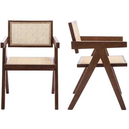 S Set Of 2, Mid Century Modern Dining Room Chairs Wicker Armchair Comfy Side Chair Walnut Wood Boho Kitchen Cane Side Chairs With Arms For Dining Room Bistro