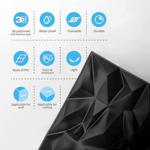 Image of Kayra Decor 3D PVC Wall Panels - Small Diamond Design, Black Color 19.7 inch x 19.7 inch (Pack of 6) - Covers 16.17 Sq. Ft.