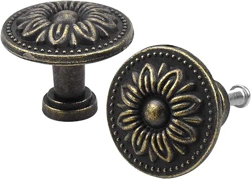 JUCACE Retro Pull Handles,Round Knobs Vintage Copper Handle Flower Round Cabinet Knob, 32MM Vintage Drawer Knob Kitchen Cabinet Cupboard Door Drawer Pull Knob,10PCS