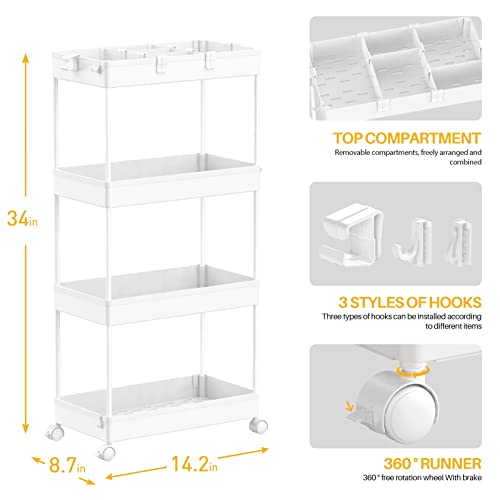 Image of SPACELEAD 4 Tier Rolling Cart with Wheels, Storage Craft Art Trolley Organizer Serving, 3 Hanging Baskets Easy Assembly, for Office, Living Room, Kitchen
