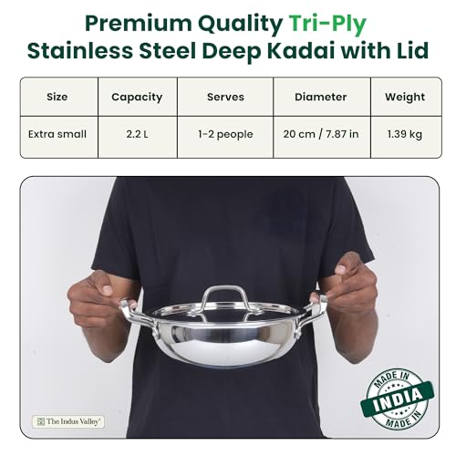 Image of The Indus Valley Triply Stainless Steel Deep Kadai /Kadhai 2.2 LTR with Stainless Steel Lid | 20 cm /7.87 inch,1.39kg | Induction Friendly | Nonstick 3-Layer Body, 100% Pure & Toxin-Free
