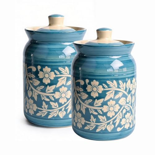 Image of Sky Blue Floral Ceramic Handglazed Pickle Jars Set of 2-1000 ML Each | 1 kg Achaar Martban Barni Jar with Lid | Ceramic Storage Jar Container Pickle, Chatney