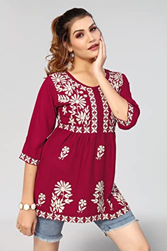 Image of Winza Designer Rayon Chikankari Embroidered Short Kurti | Plus Size Kurta Tunic Top