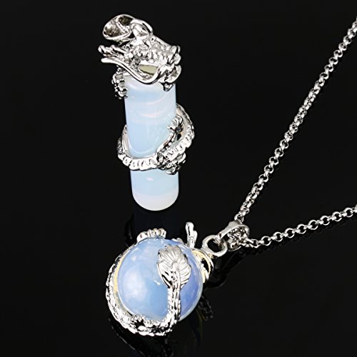 Beadnova 2Pcs Dragon Wrapped Round Ball Cylinder Synthetic Opalite Gemstone Necklace Crystal Healing Couple Pendant Necklaces Set #TOP1