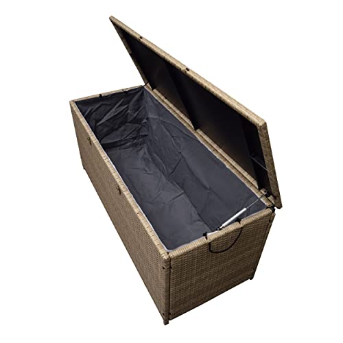 Image of Oakland Living Tan Indoor and Outdoor Balcony Patio Deck Porch Pool 113 Gallon Wicker Storage Box Trunk Bin with Metal Frame