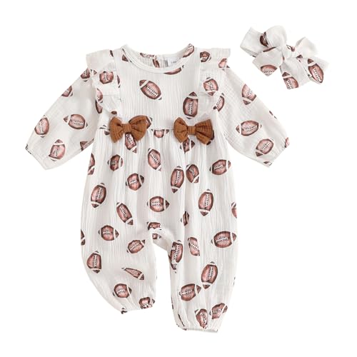 Image of Newborn Baby Girl Football Outfit Rugby Print Ruffle Jumpsuit Puff Sleeve Linen Romper Headband Fall Clothes 0-12M