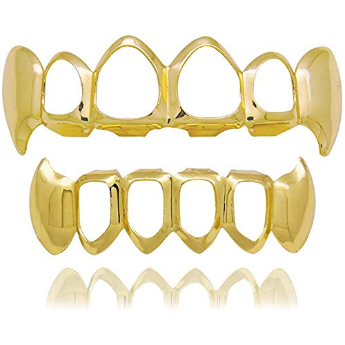 canjoyn 18k Gold Teeth Grillz Open Face Outline 6 Teeth Vampire Fangs Grillz + Extra 2 Molding Bars