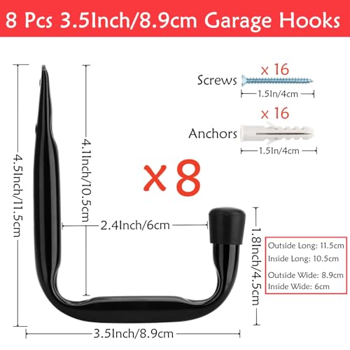 Moundnaik Garagen-Wandhaken, 8 Stück, Garagenhaken zum Aufhängen von schweren Gegenständen (schwarz, 11,5 cm x 8,9 cm)