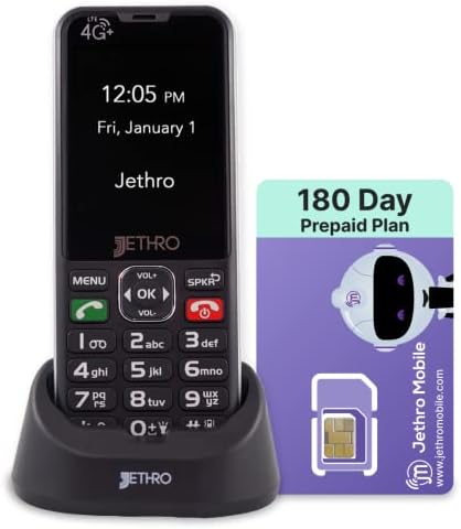 Jethro SC490 Unlocked 4G Cell Phone for Seniors & 6-Month Unlimited Talk & Text Plan, Big Buttons, Large Screen, Loud Volume, Charging Dock, Dumb Phone for Elderly, Kids & Minimalist, FCC Certified