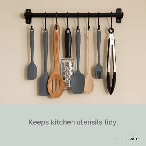 SimplyWire - Kitchen Utensil Holder and Organiser – Wall-Mounted Rail Pan Rack with 8 Hooks – Sleek Black Finish - Image 4