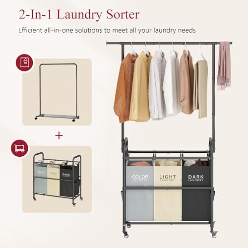 Tajsoon Laundry Sorter Cart with Hanging Clothes Rack, 3 Butler Sorter Basket Organizer, Laundry Hamper Cart with Heavy Duty Rolling Lockable Wheels, 3 Colors - Thumbnail 4
