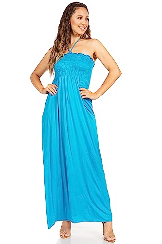 Image of Sakkas Soft Jersey Feel Solid Color Smocked Bodice String Halter Long Dress