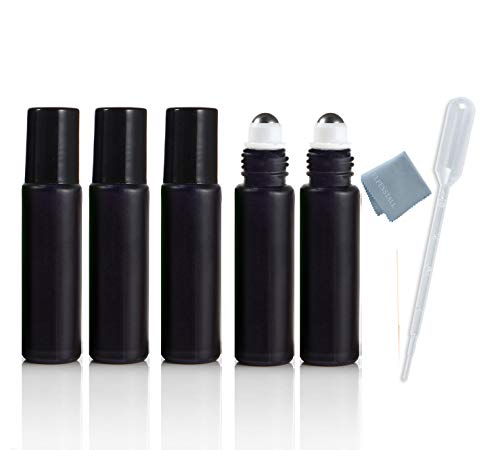 Elfenstall- 5PCS 10ml (1 3oz) Glass Roll on Cool Black Colorful Stainless Steel Roller Ball Essential Oils Perfume Heavy Thick Glass Bottles Black Cap Stainless Steel Roller
