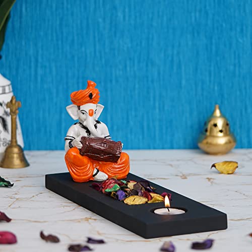 Image of eCraftIndia Orange White Resin Lord Ganesha Idol Playing Dholak Showpiece Potpourri Rectangle Tea Light Candle Holder| Ganpati Murti Tea Light Holder Diwali Decoration Items for Home Decor|Diwali Gift