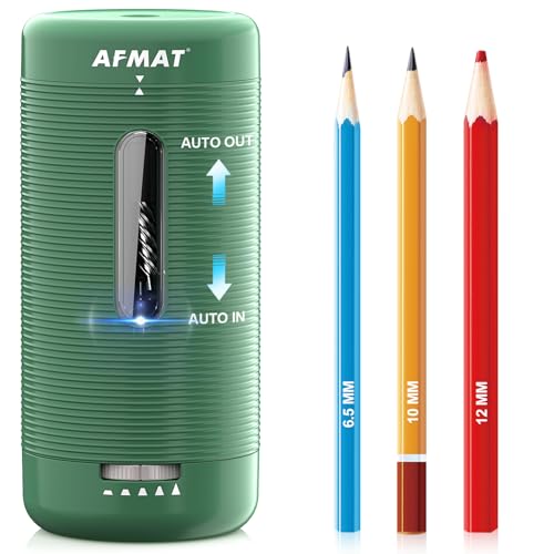 AFMAT Elektrischer Anspitzer mit Behälter, Aufladbarer Automatischer Spitzer für Dicke Farbstifte 6,5-12mm,USB Aufladbar Tragbarer Bleistiftschärfer mit Einstellbaren Spitzen für Schule/Büro,Grün PSC2