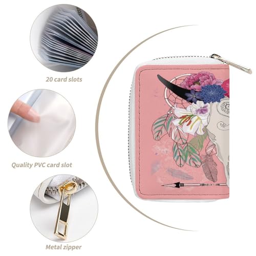 Women Leather Coin wallet, Key Change Organizer Zipper Card Holder Purse Clutch Pouch Pocket 4.5x3.15 in Print Tribal Ethnic Cow Skull Arrow Feathers Flowers on Red4