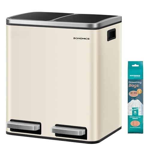 SONGMICS Dual Rubbish Bin Metal Recycling Bin with 15 Rubbish Bags 2-Compartment with Lids Pedals Plastic Inner Buckets Soft Closure 2 x 4 Gallons (2 x 15 L) Sand Beige and Black LTB030AB01