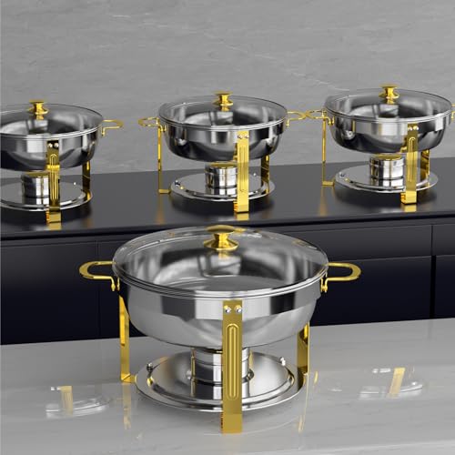 Amhier Chafing Dishes for Buffet, 5 Qt Round Chafing Dish Buffet Set with Glass Lid, Stainless Steel Chafers and Buffet Warmers Sets for Parties, Rolled-Edge Design with Gold and Silver, 4 Pack