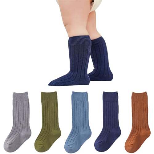 Apone Fatu Baby Girls Boys Socks, Cotton Toddler Knee-High Stockings, Kids Warm Solid Color Long Socks (US, Age, 0 Months, 6 Months, Baby Knit 5Pairs)