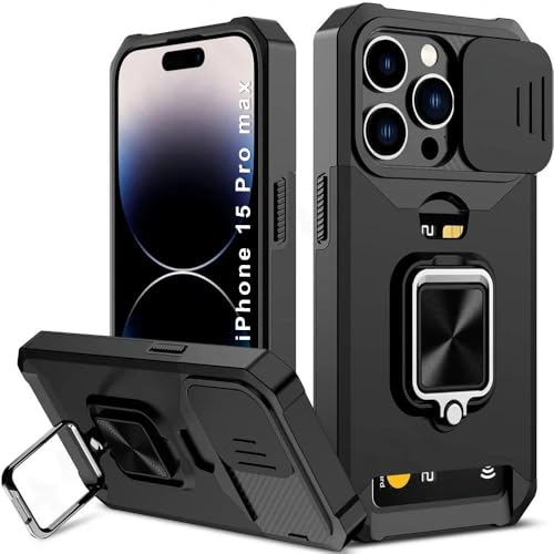 Image of LuxuryKase Shockproof Armor Case for iPhone 15 Pro Max | Slide Camera Cover | Hidden Card Slot | Rotating Ring Kickstand | Magnetic Car Mount Support | Military Grade Protection - Black