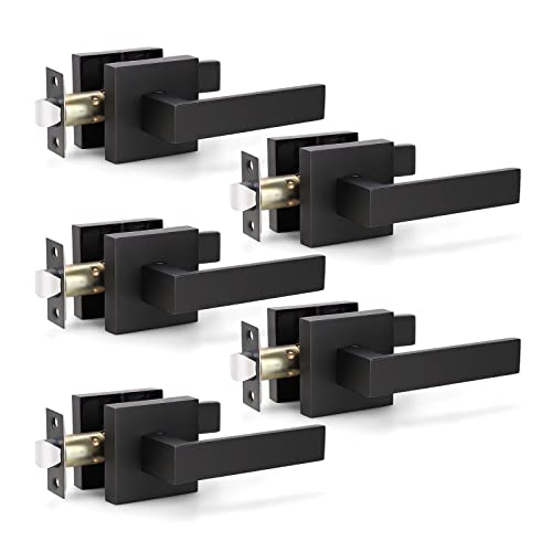 KNOBWELL 5 Pack Square Passage Lever Door Handle, Modern Black Door Lever Passage, Closet Door Handles, Matte Black (No Lock/Key)