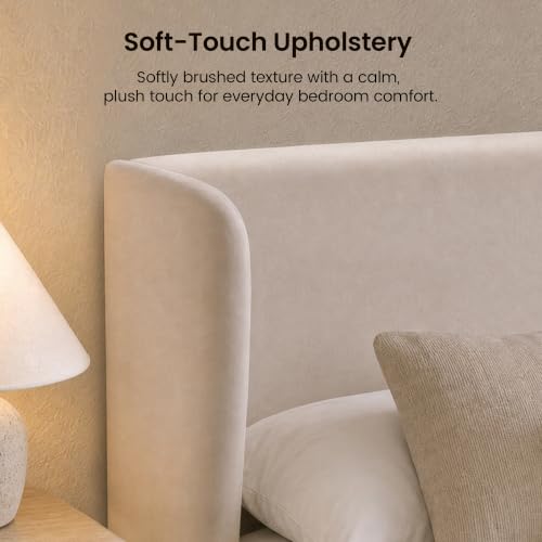 Image of Queen Upholstered Platform Bed Frame, Wingback Headboard, Beige