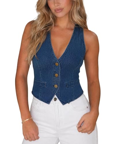 Ladyful Womens Denim Vest Sleeveless V neck Jean Vest Top Suit Waistcoat
