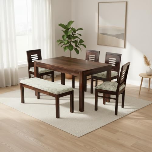 Image of RECTART Solid Sheesham Wood Dining Table Set 6 Seater for Dining Area Living Room | 4 Chair & 1 Bench | Hotel /Restaurant Dining for Six People | (Walnut-Ar-Grey, 6 Seater with Bench)