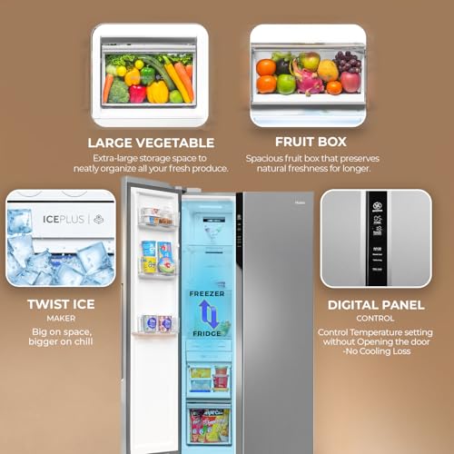 Image of Haier 602L 3Star 2 Door Premium Glass Door Side by Side Frost Free Refrigerator|Convertible|Smart Sense AI|Expert Inverter|Digital Display Panel|Deo Fresh Technology (HRS-682PMGU1, Mirror Glass)
