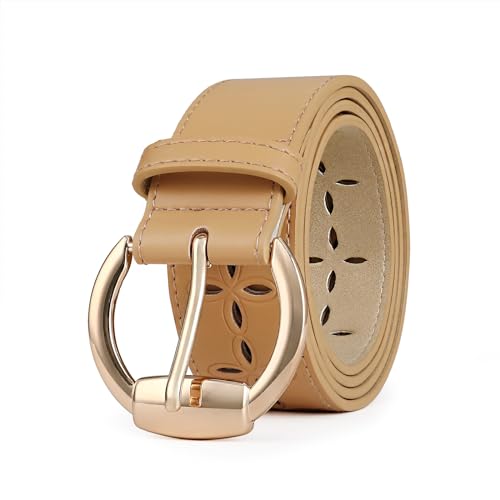 Women's Beige Leather Belt with Gold Buckle Hollow Pattern Women's Belt Stylish Accessory for Dresses, Skirts, and Jeans2
