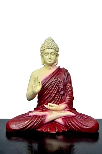 Image of Beautiful Sitting Buddha Idol Statue for Home & Garden Living Room | Healing Spirit Blessing Buddha Statue - 15 Inch Size (Maroon + Cream)
