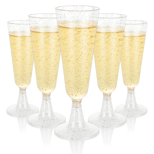 AKOLAFE 100er Set Sektgläser Plastik 160ml Sektgläser BPA -Frei Mehrweg Transparente Silberpulver Sektglas Günstiger Sektkelch Stapelbare Champagnergläser für Hochzeiten, Geburtstage, Partys