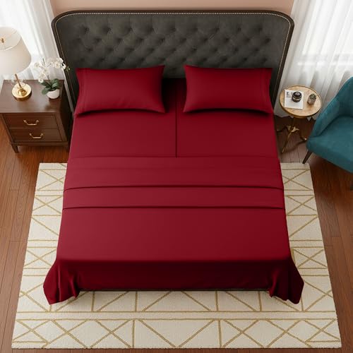 Image of Elegant Comfort Luxurious 1500 Premium Hotel Quality Microfiber Three Line Embroidered Softest 5-Piece Bed Sheet Set, Wrinkle and Fade Resistant, Split King, Burgundy