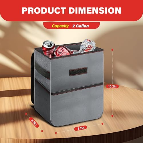 Image of Simple Deluxe 2 Gallon Car Trash Can, Collapsible Adjustable Straps and Portable Organizer, Multipurpose Bin with Lid and Storage Pockets, Grey