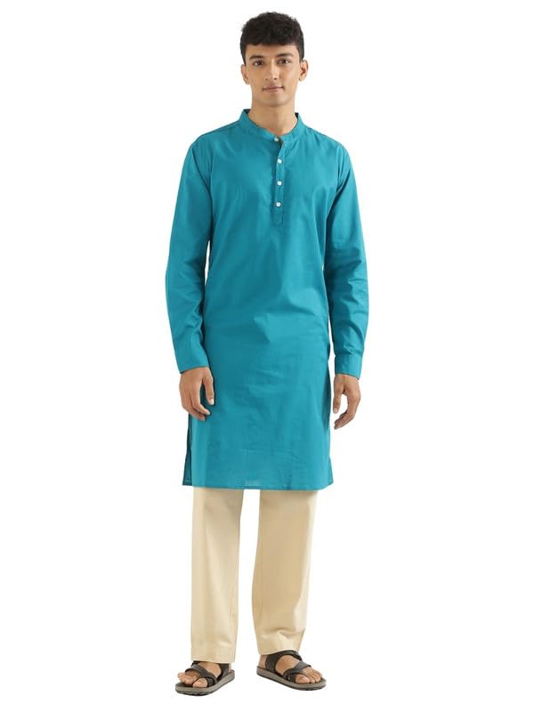 Image of SAADAA Men's Long Kurta - Linen Cotton Blend, Airy Fabric, Regular Fit, Mandarin Collar, Solid Color - Casual, Festive & Ethnic Wear