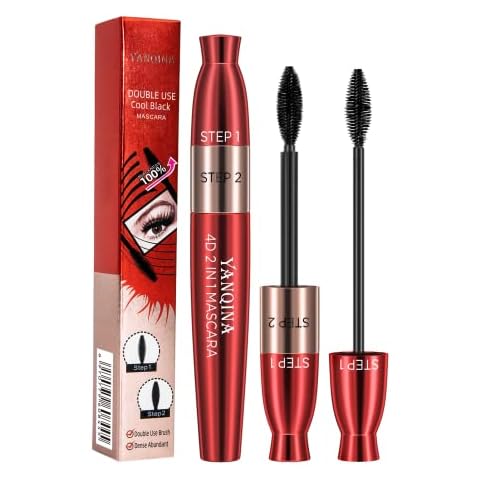 2 in 1 Waterproof Mascara Black, 4D Silk Fiber Eyelash Mascara,Extra Long Thick & Voluminous Lash Mascara,Clump-Free,Smudge-Proof Cover