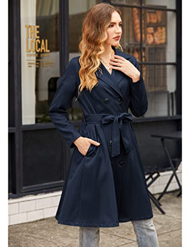 Zeagoo Women's Double Breasted Trench Coats Mid-Length Belted Overcoat Long Dress Jacket Navy Blue S #TOP2