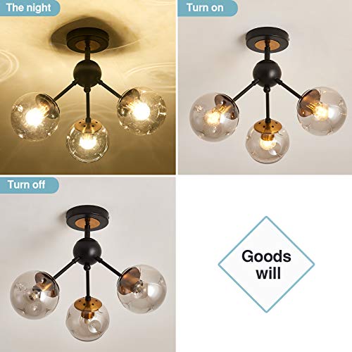 Image of 3-Light Chandelier ,Vintage Semi Flush Mount Ceiling Light Fixture with Glass Globe, Black Ceiling Light for Hallway Stairway Porch Entryway Kitchen Bedroom Laundry Farmhouse..