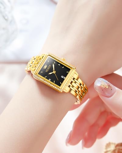 Image of OLEVS Gold Watches for Women Original Luxury Small Square Diamond Wrist Watch Analog Quartz Stainless Steel Waterproof Stylish Ladies Watch Date