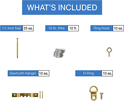 Image of Picture Hanging Kit Includes Hooks, Nails, Wire, Screw Eyes, Sawtooth Hooks for Wall Art Mounting, Heavy Duty, Hardwire, 260pcs