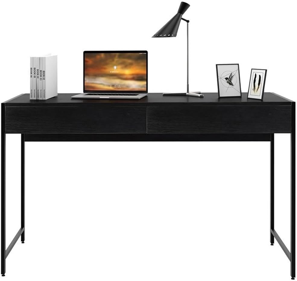 Pemberly Row 2-Drawer Contemporary Engineered Wood Computer Desk, Black Finish, 44" x 19" Desktop, Steel Frame, Adjustable Foot Pads, Study Room or Office Desk for Modern Workspace