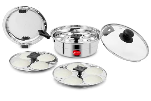 Image of KLASSI KICHEN Stainless Steel Multi Steamer Pot with Glass Lid | Idli Maker with 4 Plates (9 Idlis Each) & Mini Idli Plate | 1.5L Steamer | Gas Stove & Induction Compatible Dhokla & Vegetable Steamer